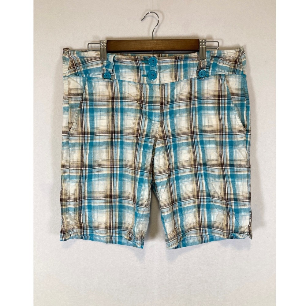 Y2K Coastal Bugle Boy For Her XL Turquoise Brown Plaid Cotton Blend Shorts